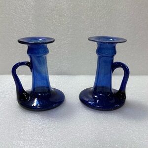 Vintage Cobalt Blue Handblown Glass Candlestick holders with Handles